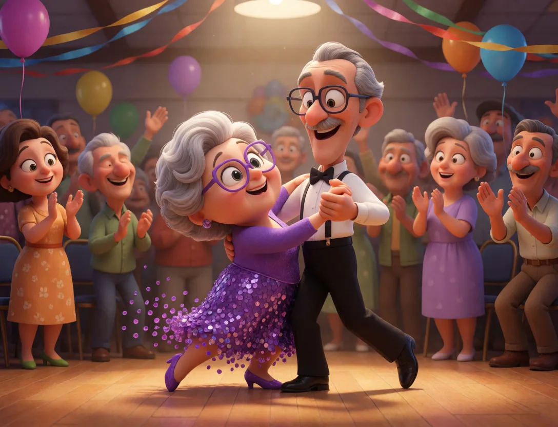 3D cartoon grandparents winning a dance contest