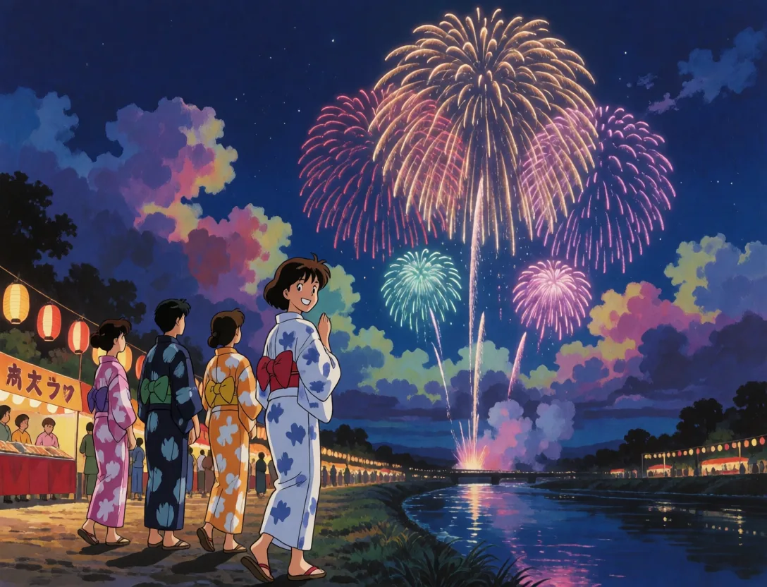 Anime friends watching fireworks at a summer festival