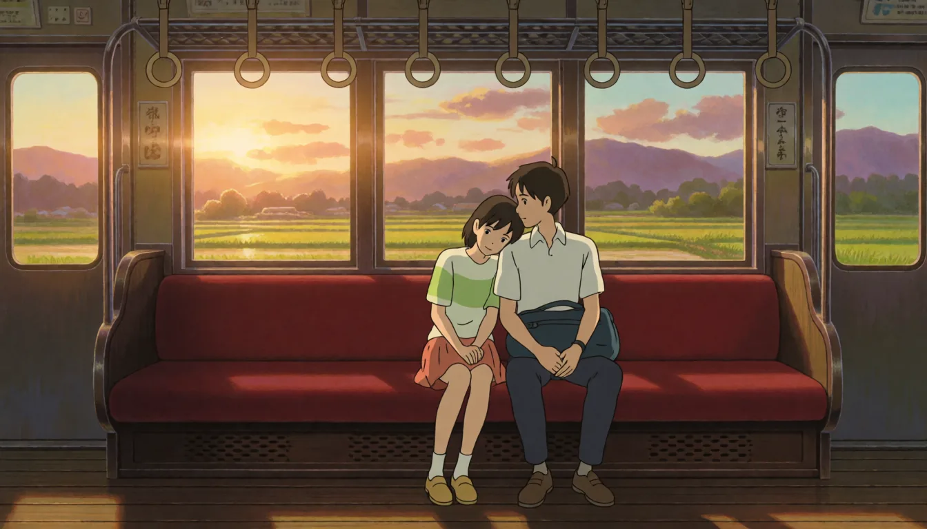 Anime friends on a train at sunset