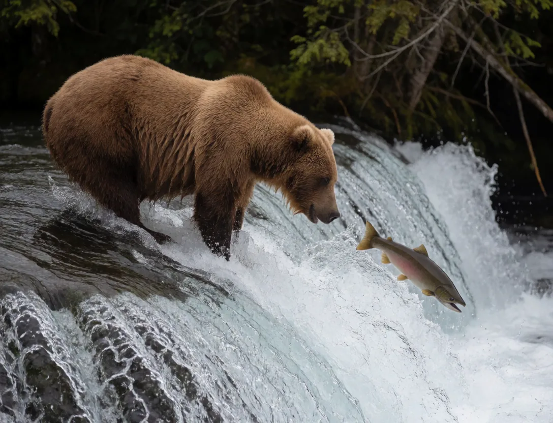A brown bear catching salmon
