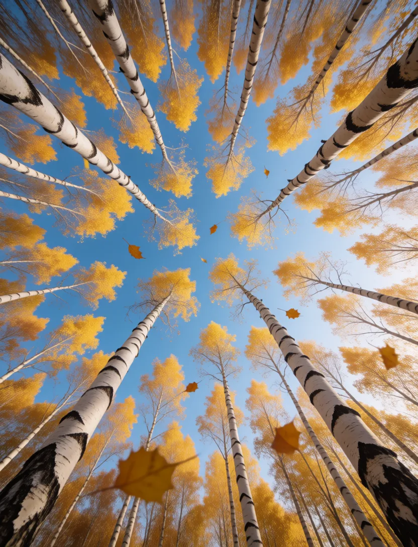 Looking up through a birch grove in autumn