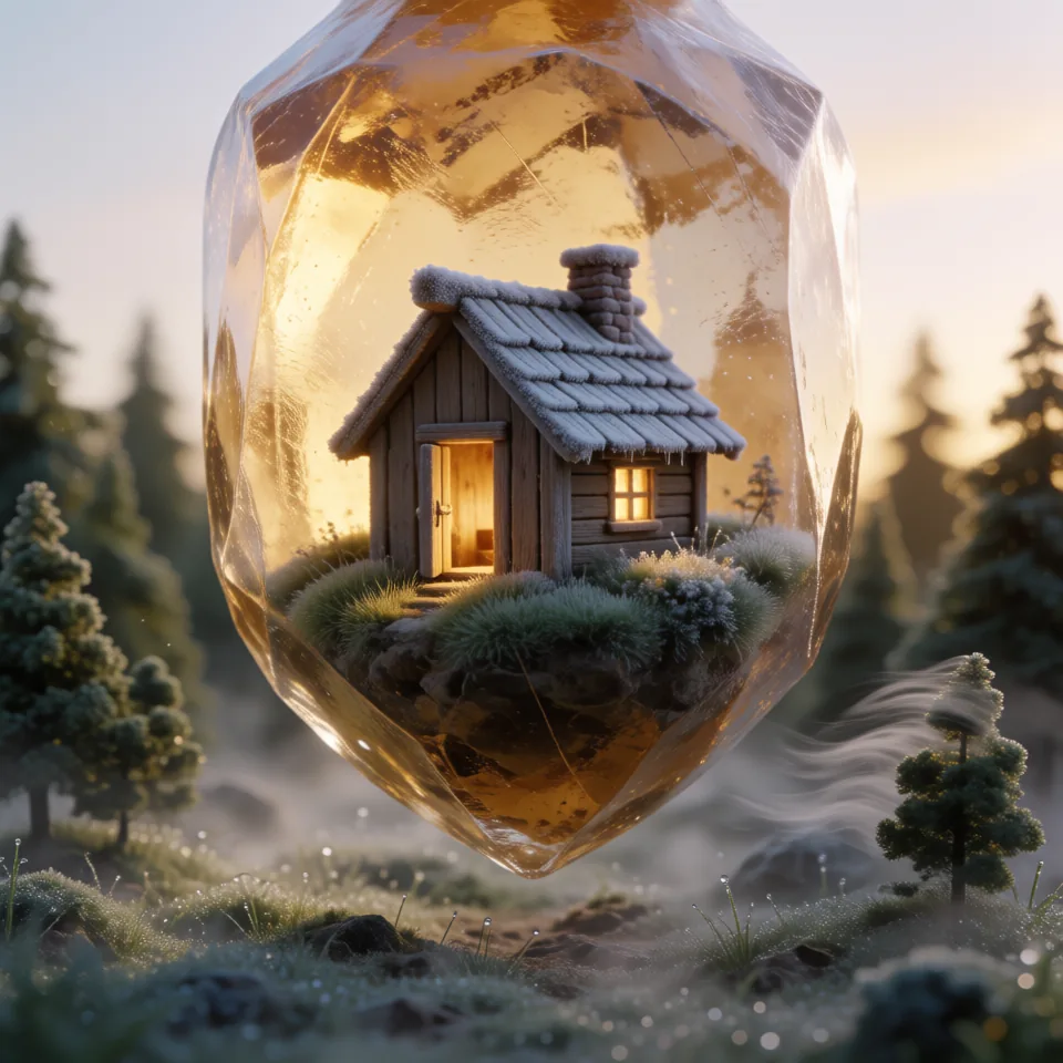 a tiny cabin inside a glass bottle