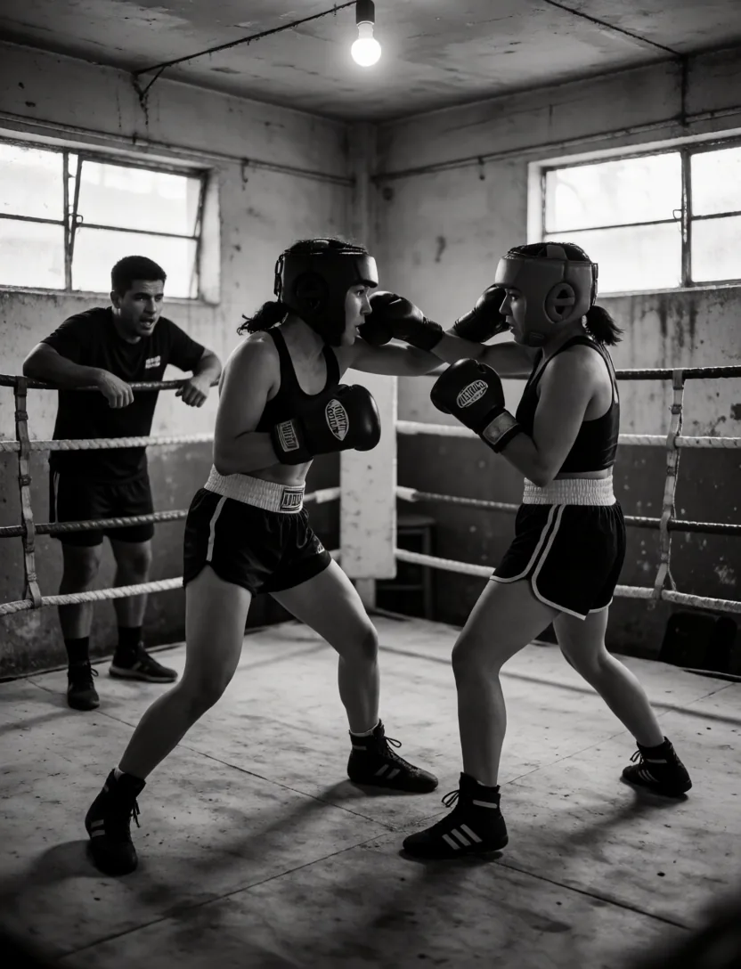 Two women sparring in an old boxing gym