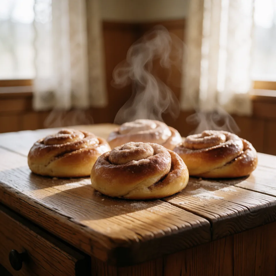 fresh cinnamon buns on a rustic wooden table