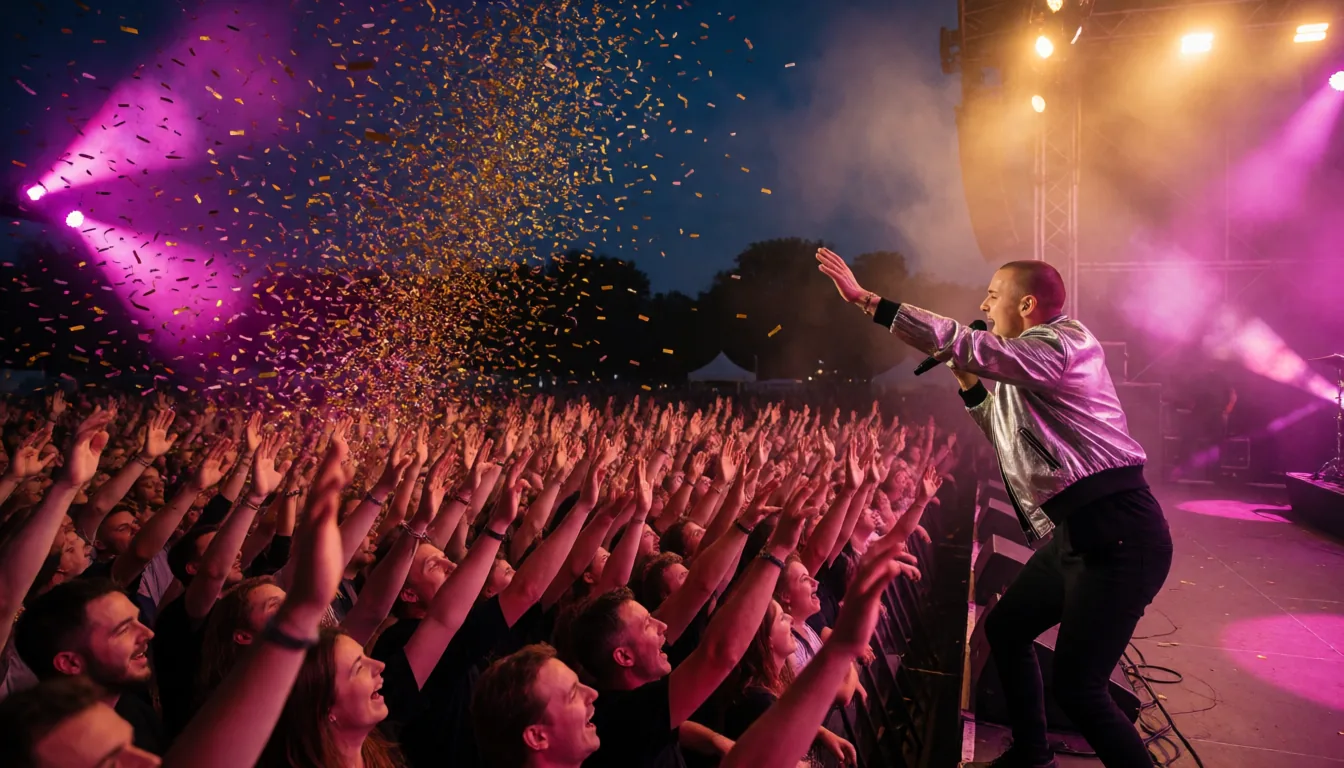 Singer and huge crowd at an outdoor concert with confetti