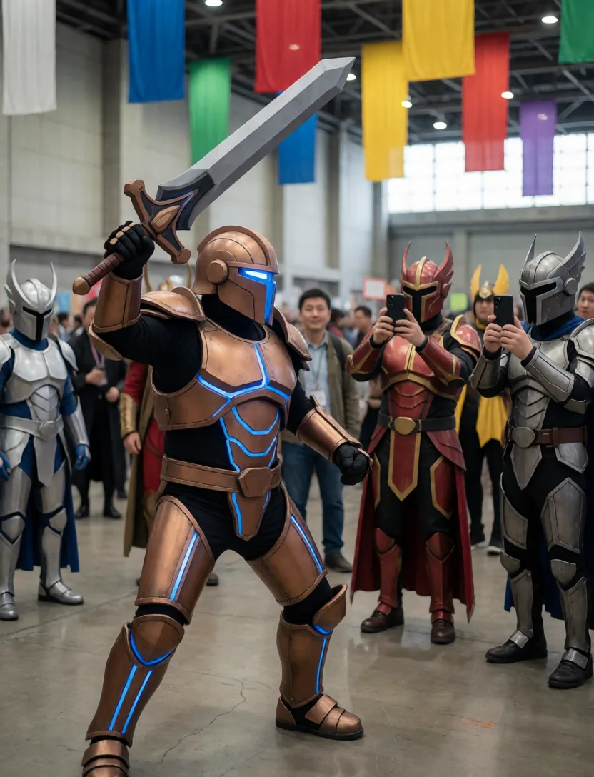 Cosplayer in handmade armor posing at a busy convention