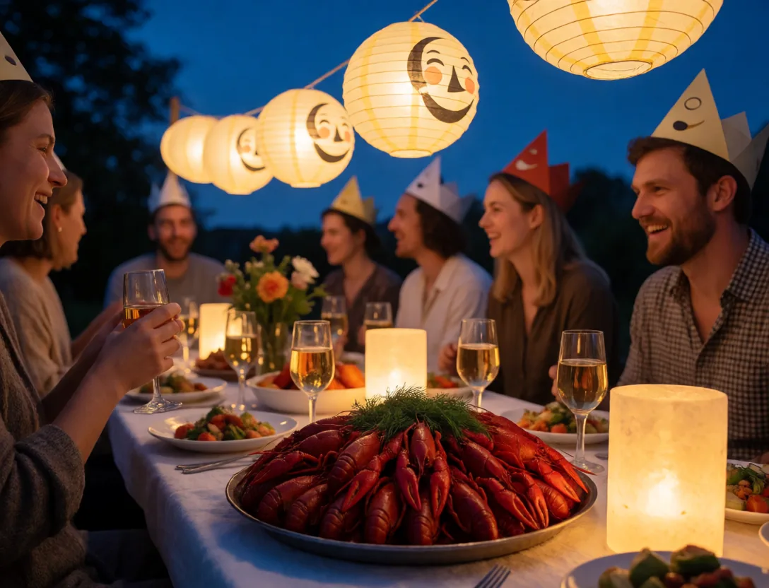 A Swedish crayfish party table at dusk