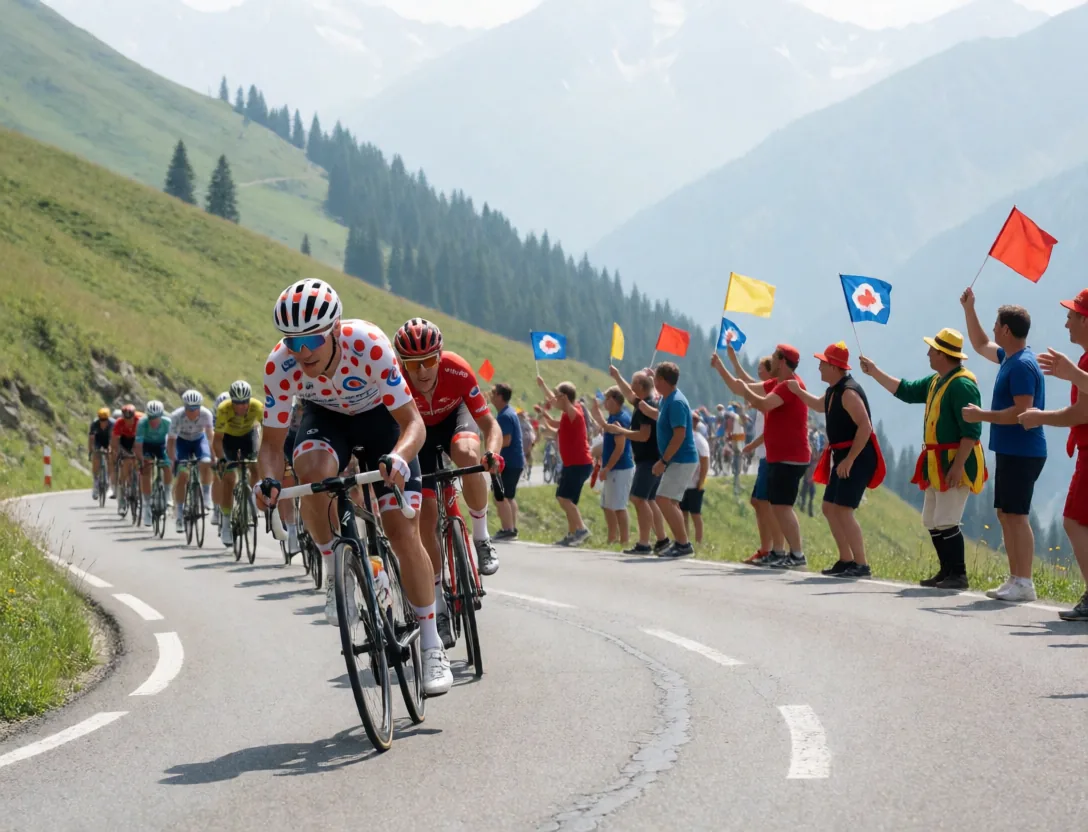 Cyclists racing up a mountain road with fans cheering