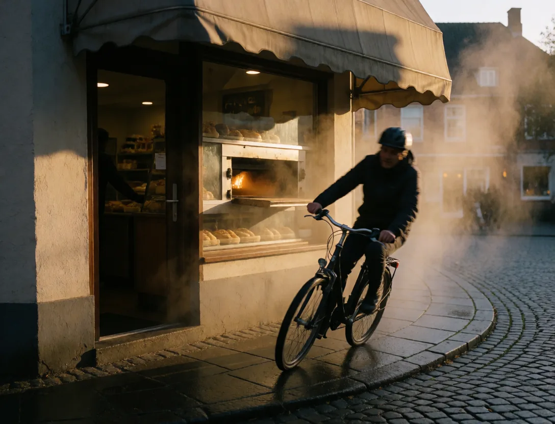 a cyclist passing a bakery in the early morning