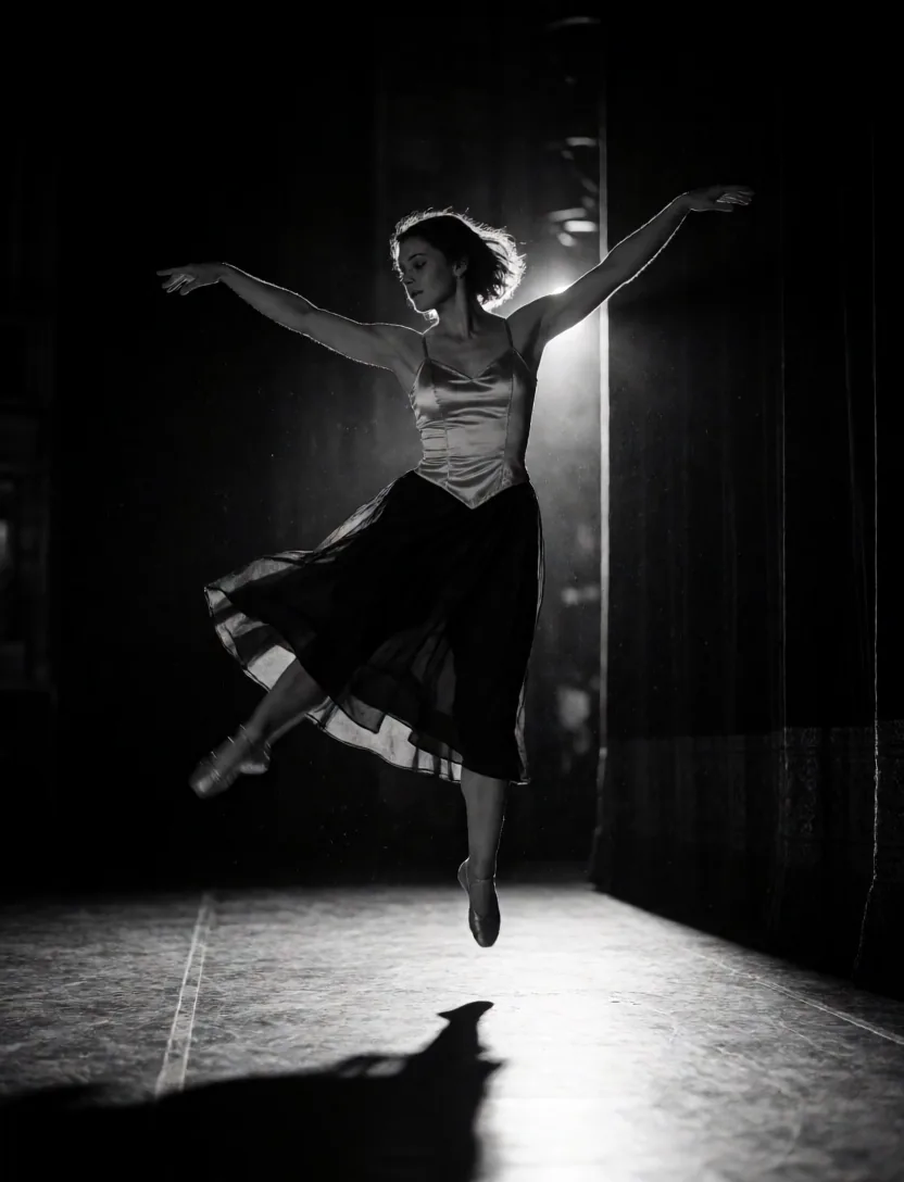 a dancer mid-leap in an empty theater