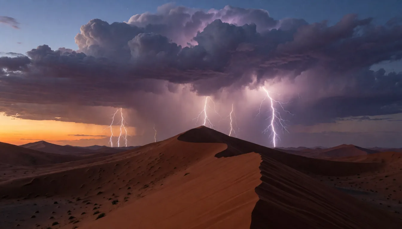 A lightning storm over desert dunes