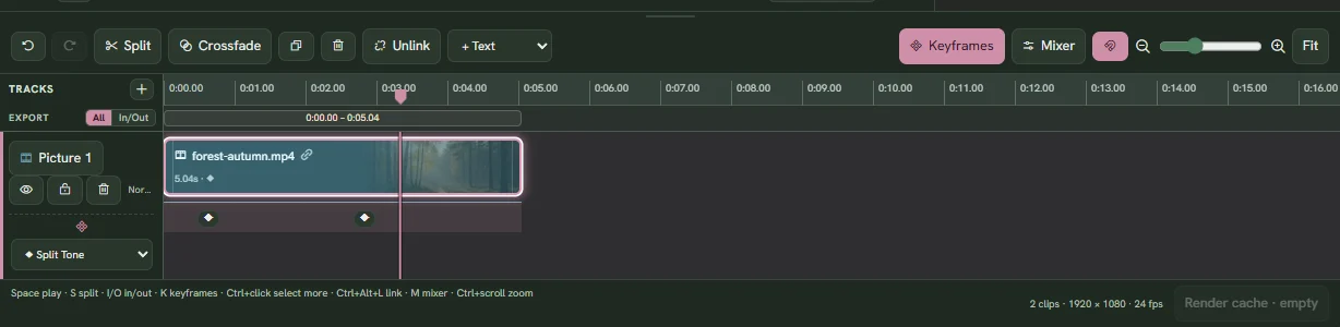 Keyframe lanes on the TinyPine timeline