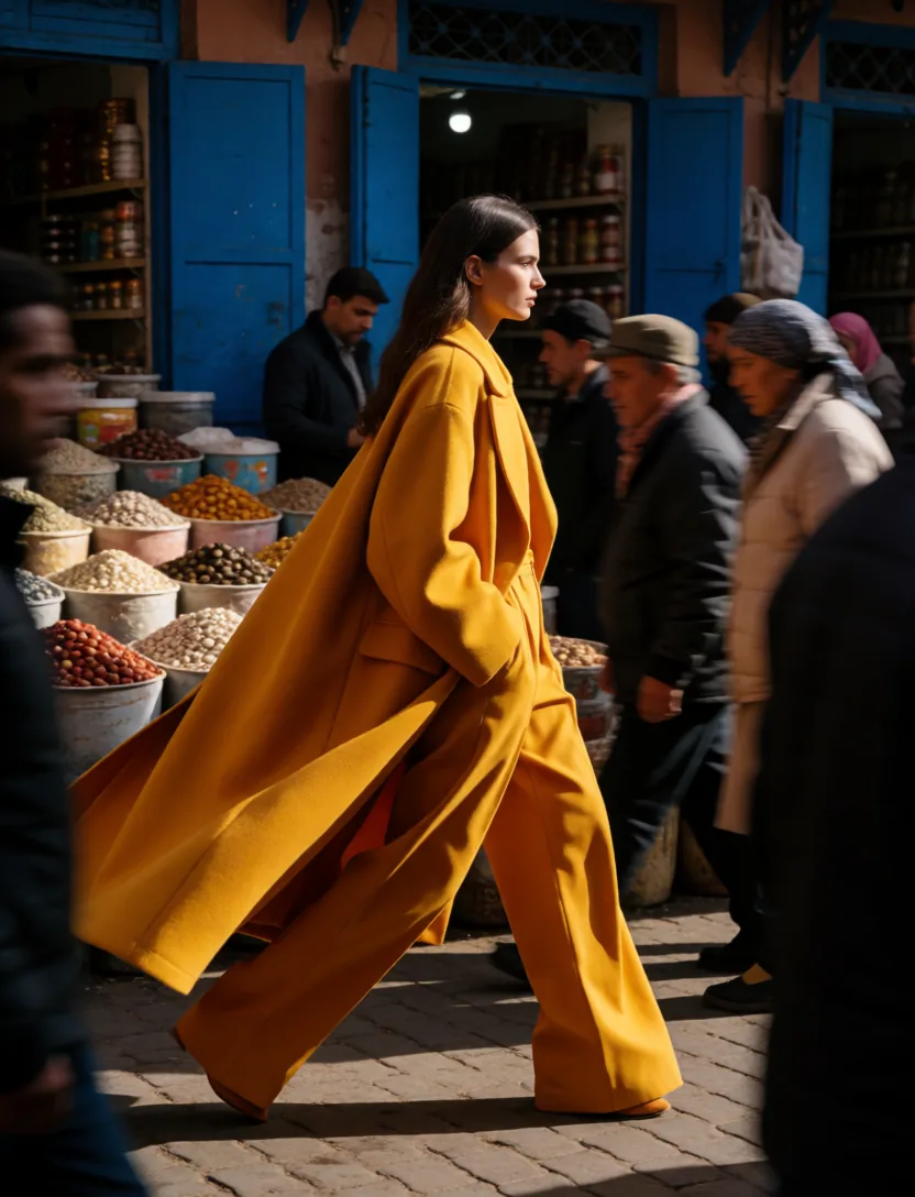 Fashion model walking through a spice market in a yellow coat