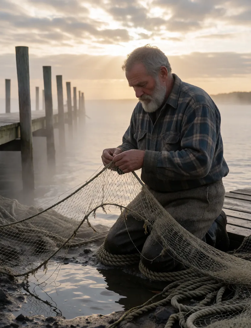 an old fisherman mending his nets at dawn