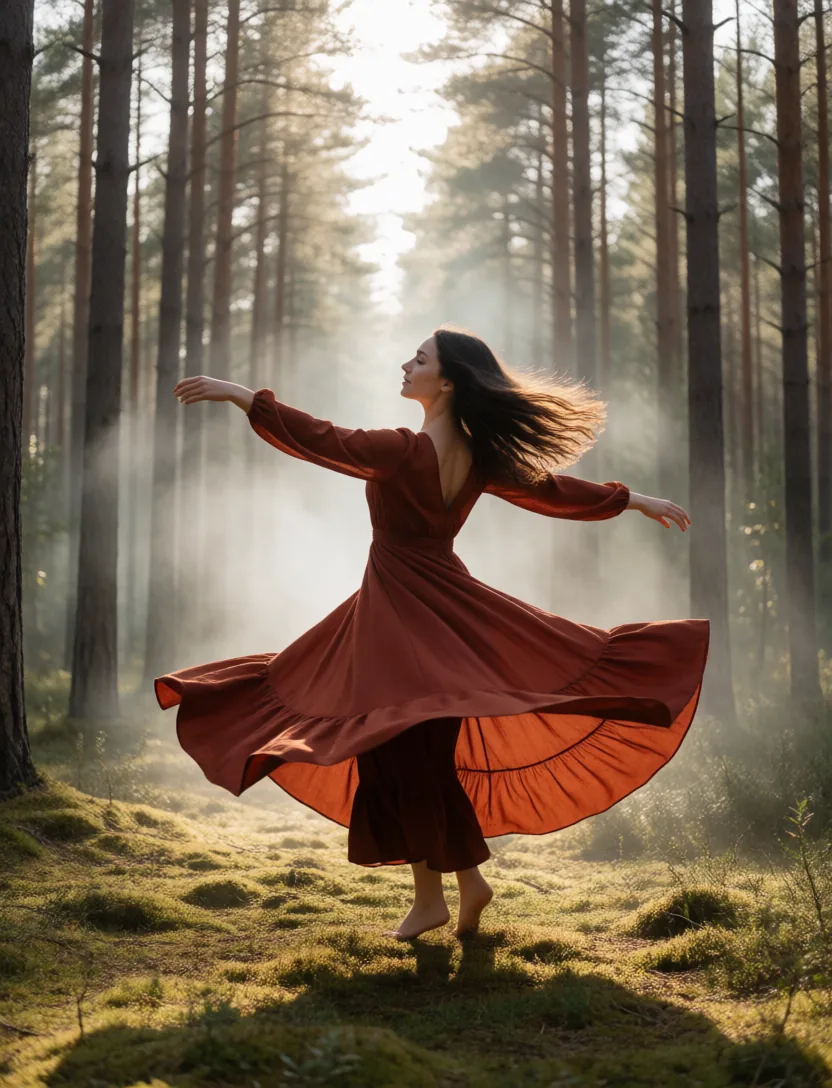 A dancer spinning in a pine forest