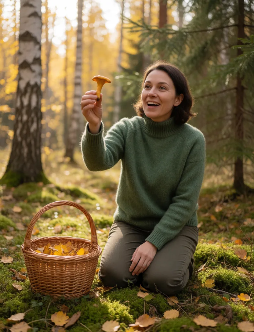 A woman foraging mushrooms in an autumn forest