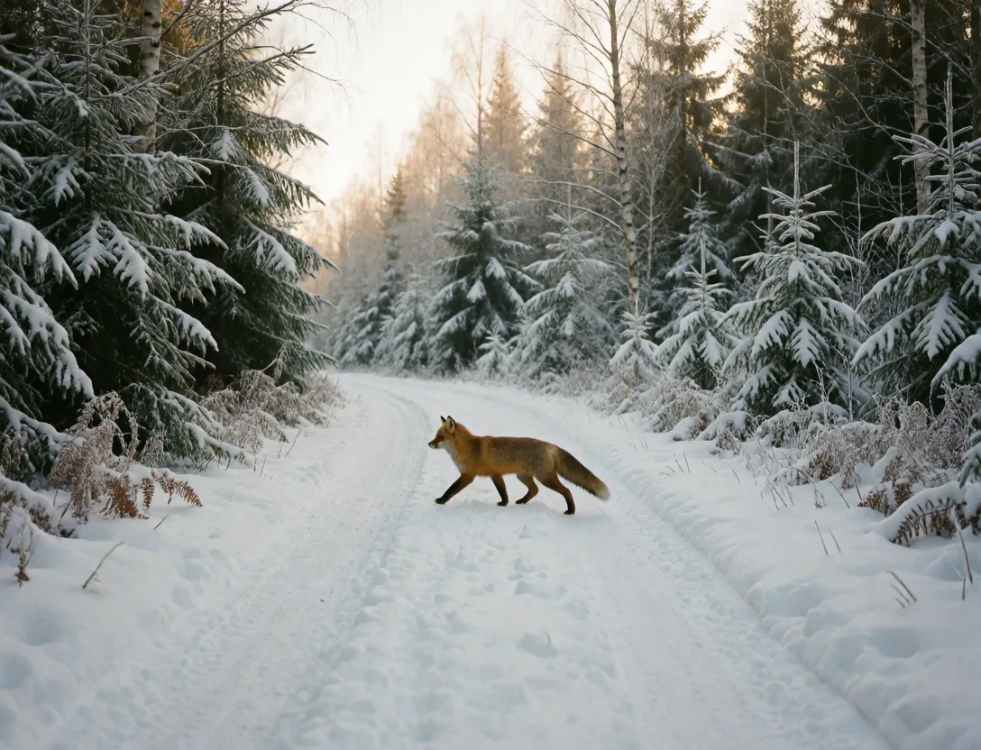 a red fox crossing a snowy forest road