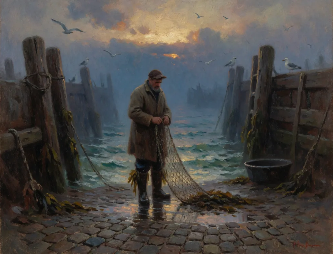 a rainy harbor at dusk