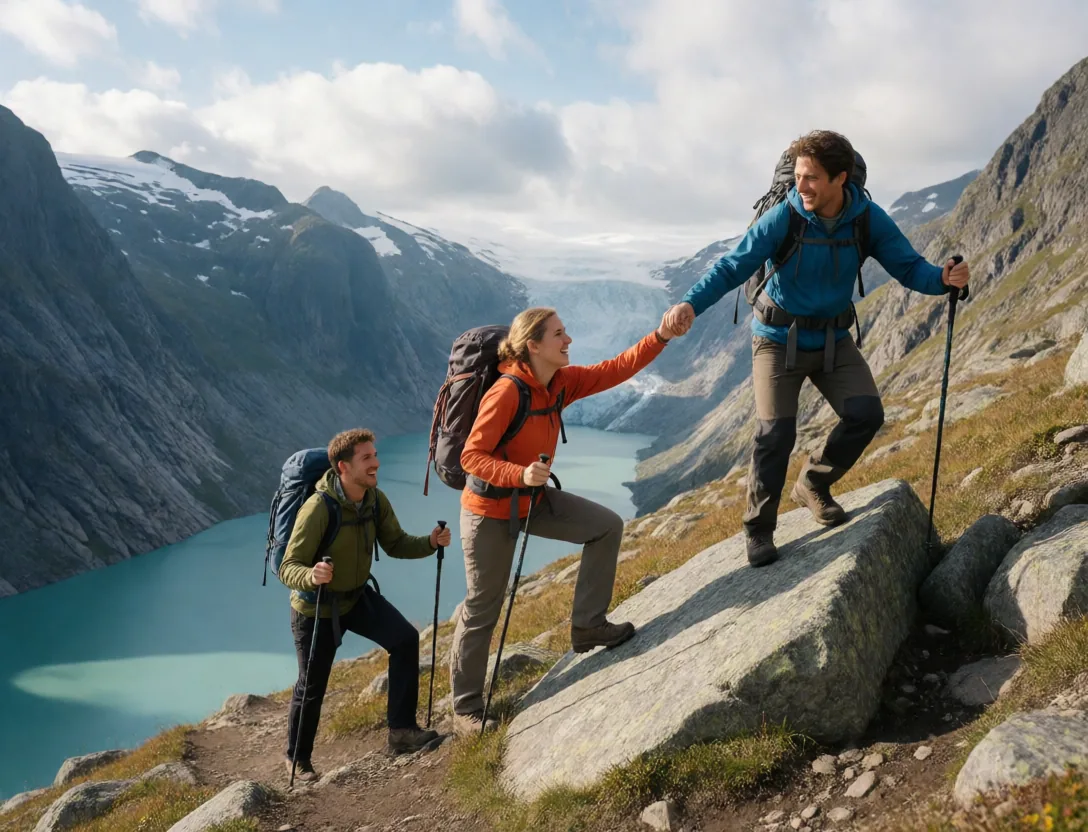 Friends hiking a steep mountain trail, laughing
