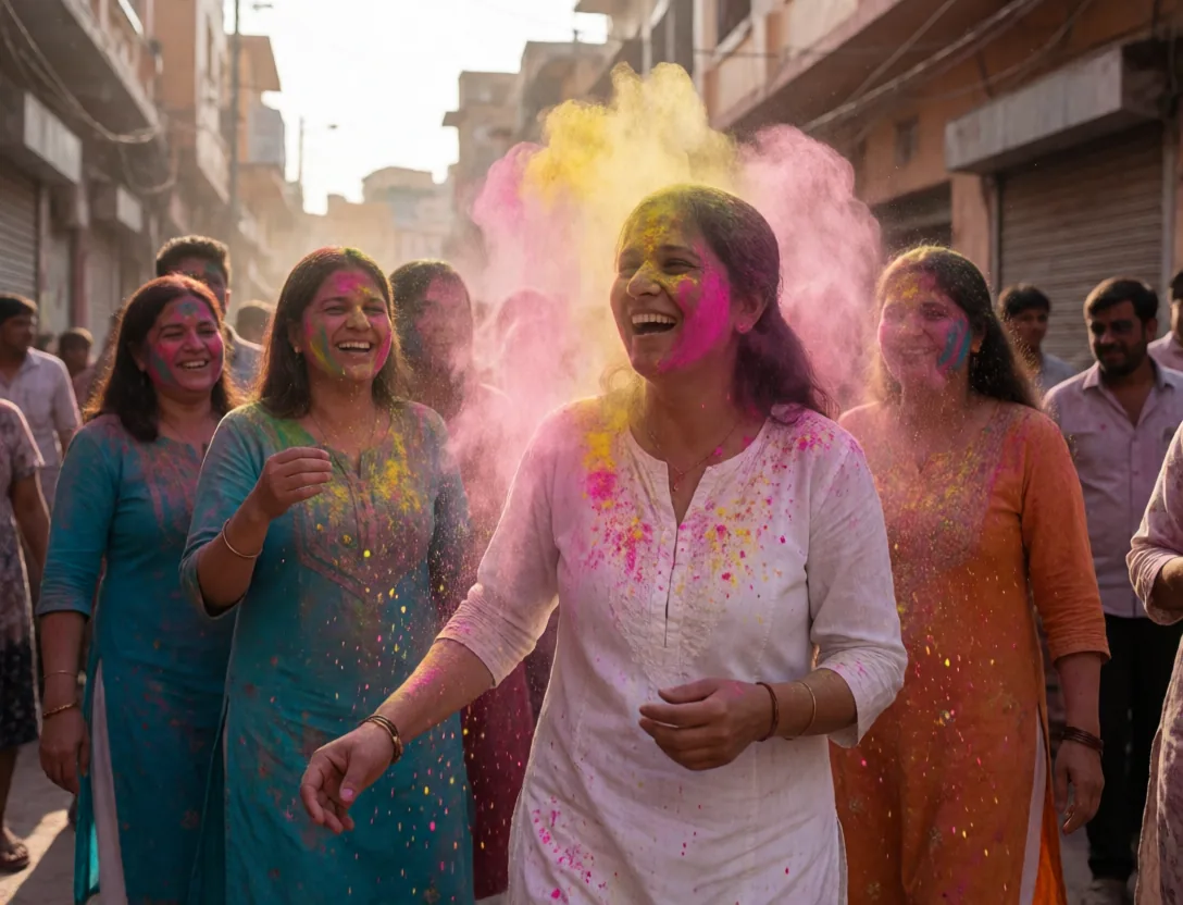 Friends throwing colored powder at a Holi festival in India