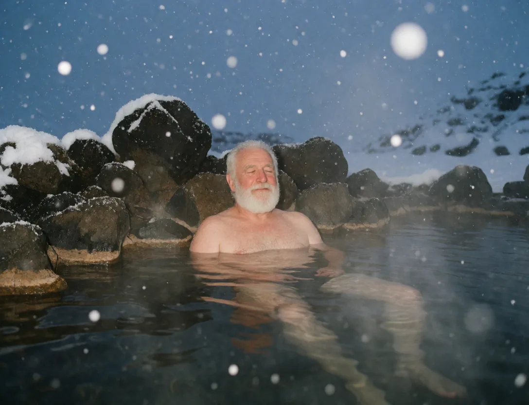 An old man in a hot spring during snowfall