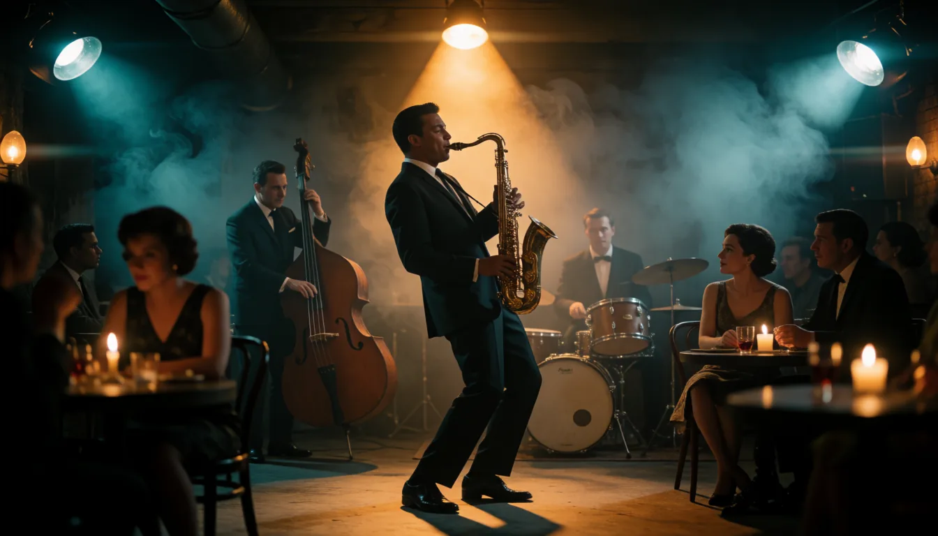 Saxophonist playing in a smoky 1960s jazz club, movie still