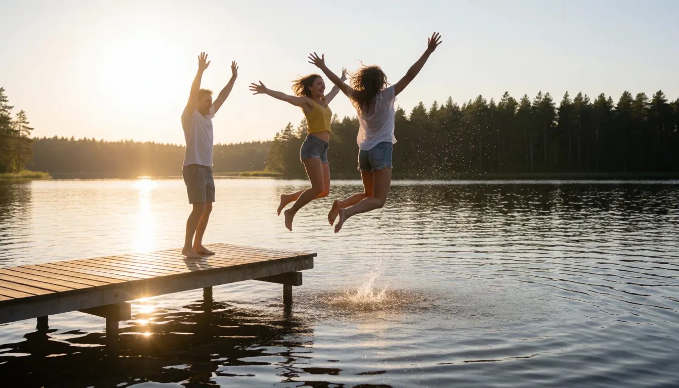 Friends jumping off a jetty into a lake at sunset