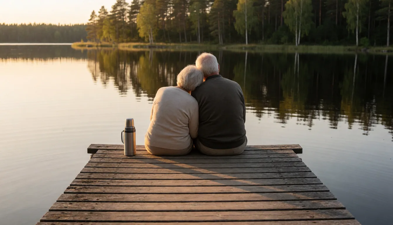 An old couple holding hands on a jetty