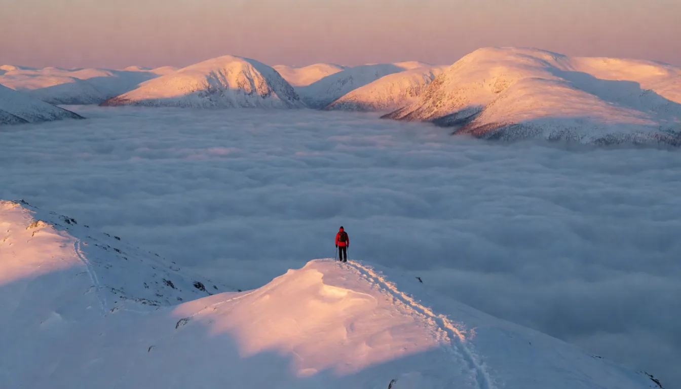 A lone hiker on a ridge above a sea of clouds
