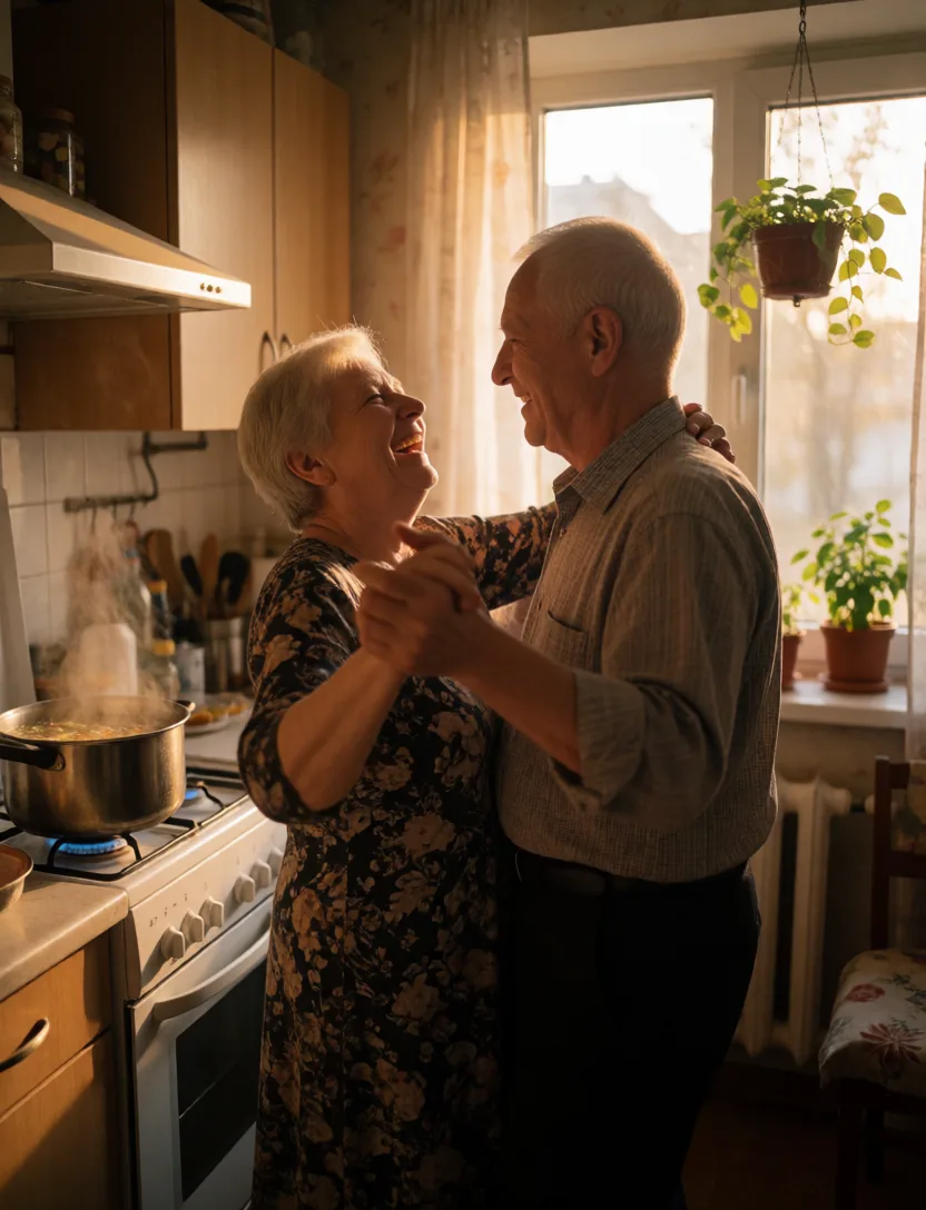 An elderly couple dancing in their kitchen
