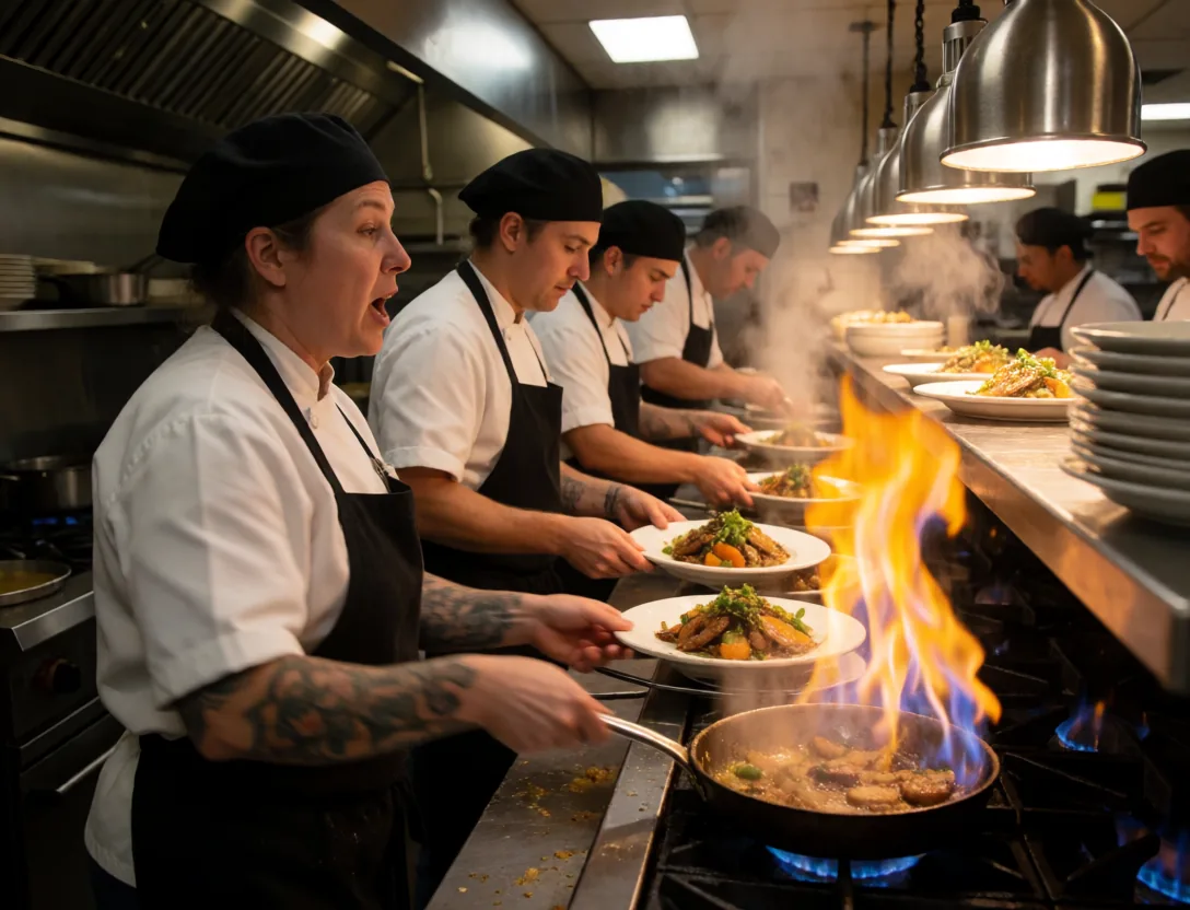 Chefs cooking in a busy restaurant kitchen during dinner rush