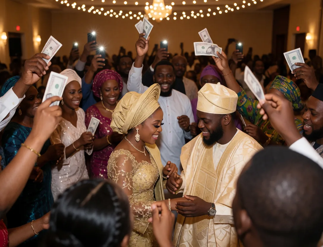 Bride and groom dancing at a lively Nigerian wedding