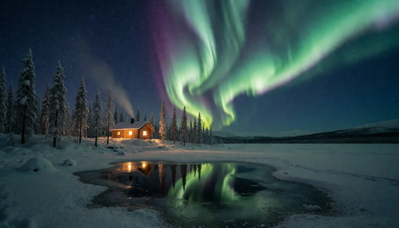 Northern lights over a frozen lake in Lapland