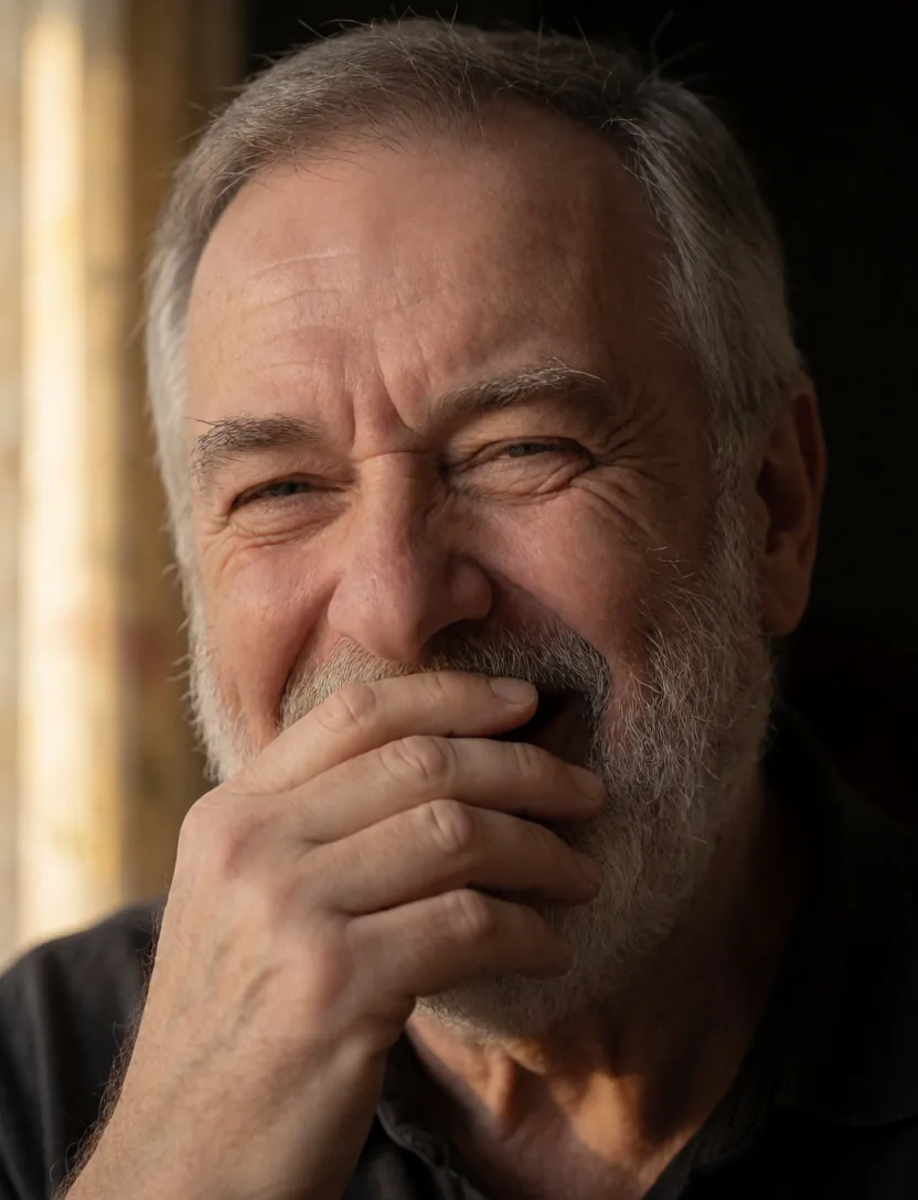 Close portrait of a man laughing uncontrollably
