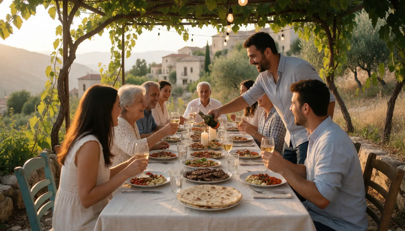 Big family dinner at a long table outdoors