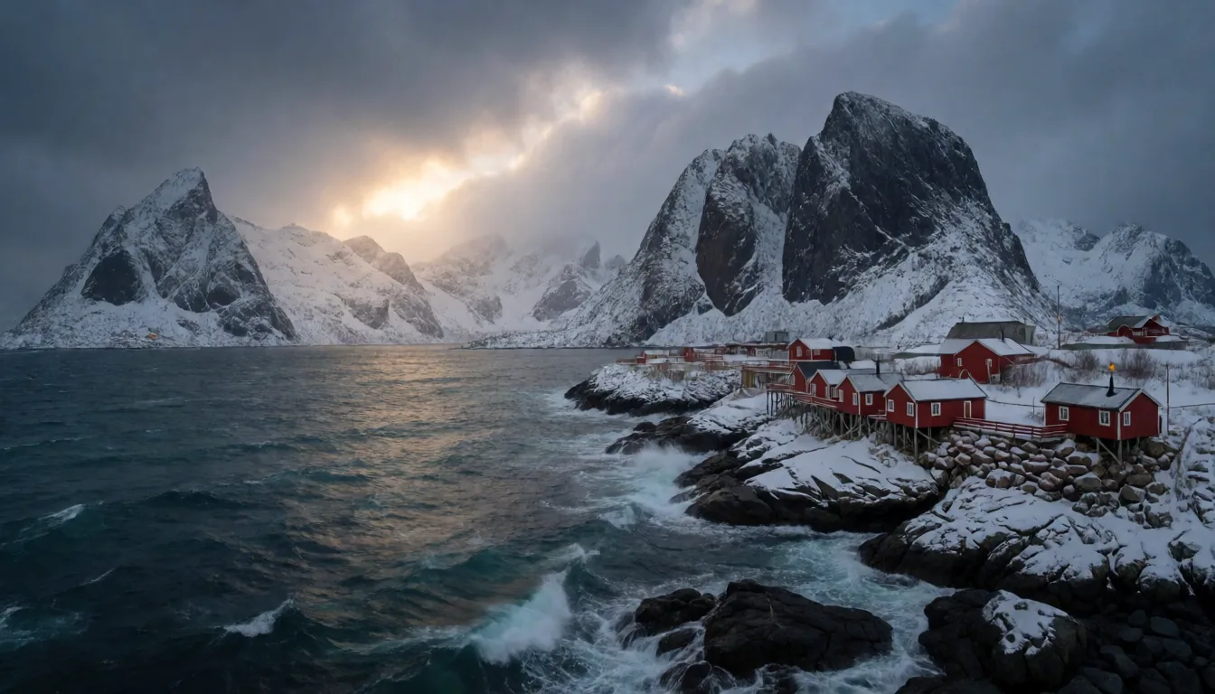 Lofoten peaks and red fishing huts in a storm