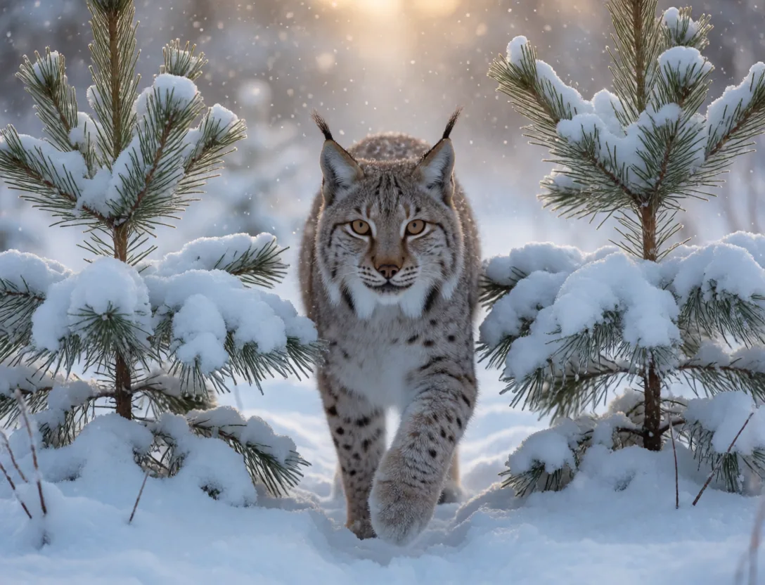 A lynx in a snowy pine forest
