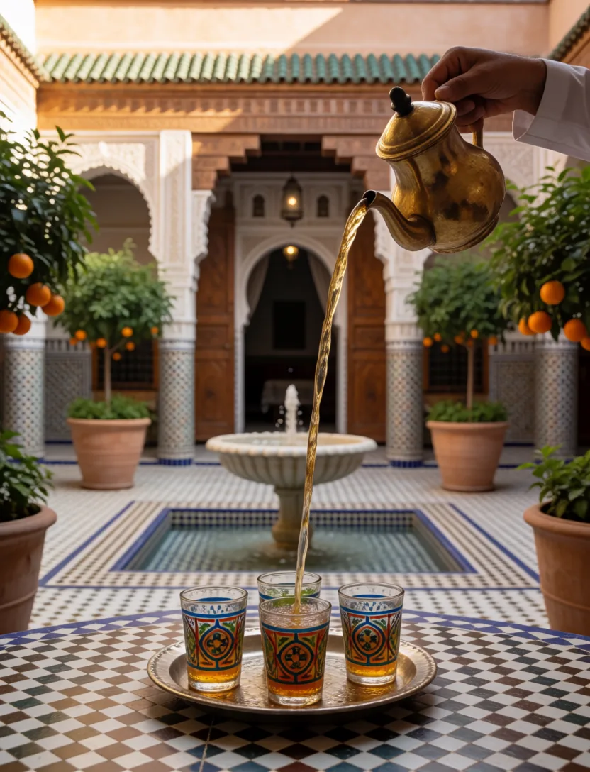 Mint tea poured from high in a Moroccan riad