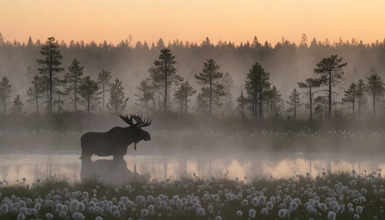 A moose in a misty bog at dawn