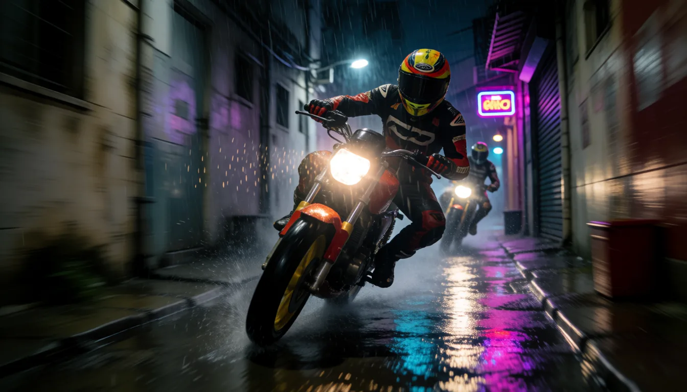 A motorbike chase through an alley
