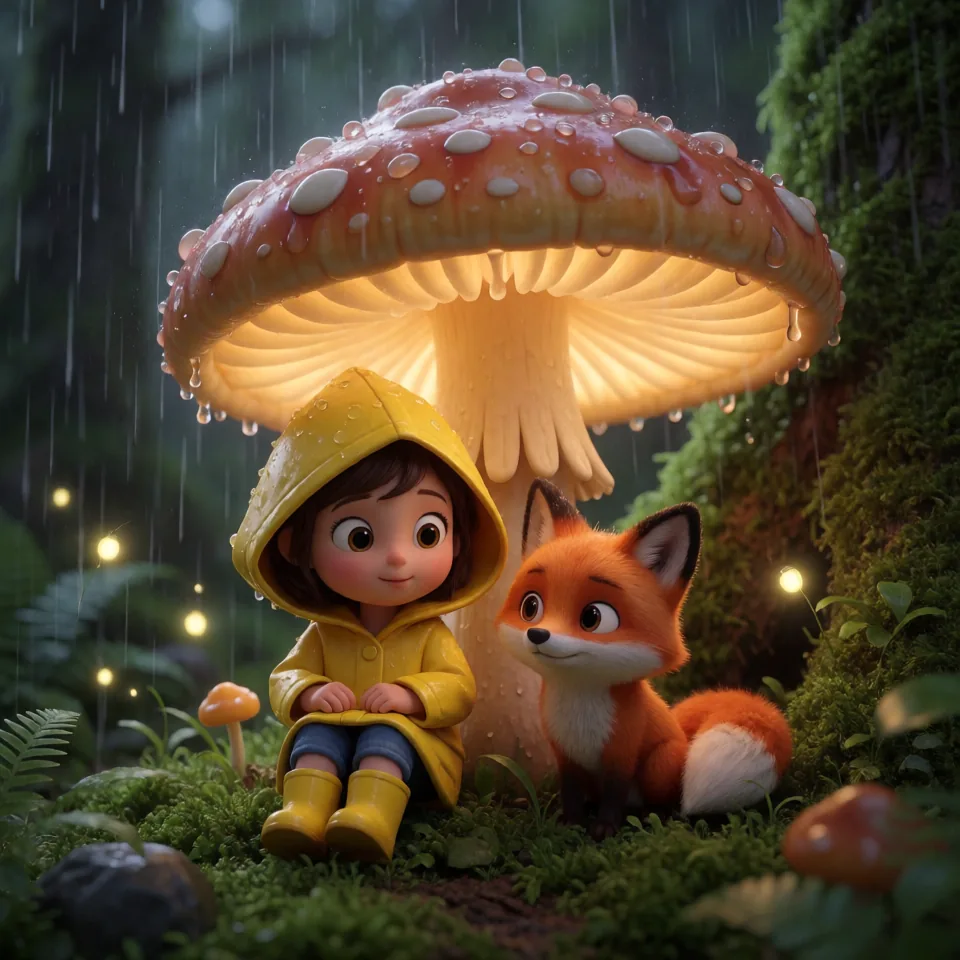 An animated girl and fox under a mushroom