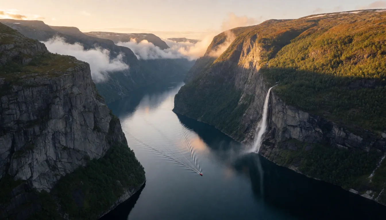 A vast Norwegian fjord at golden hour