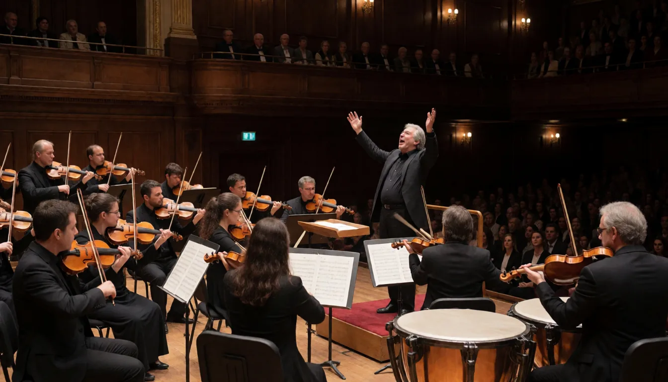 Conductor leading an orchestra at a big crescendo