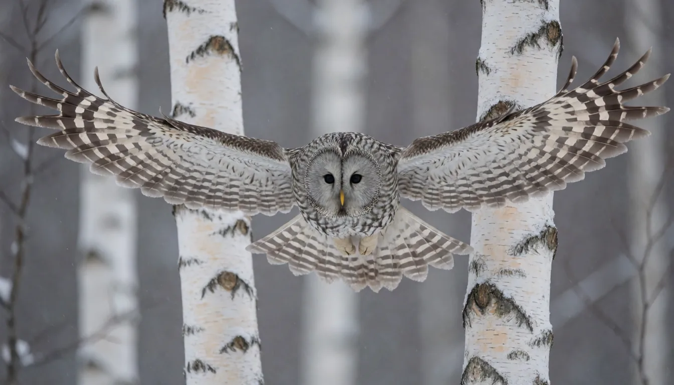 An owl gliding between birches