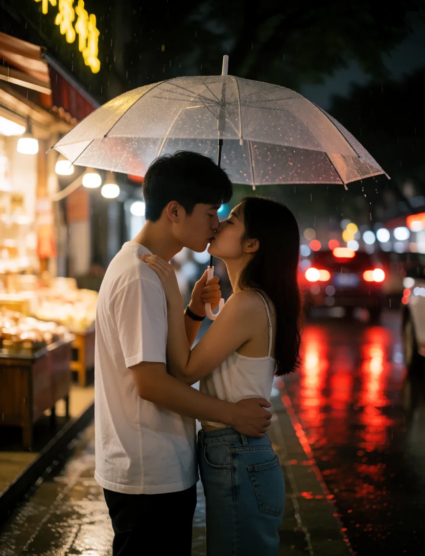 A couple kissing under an umbrella in the rain