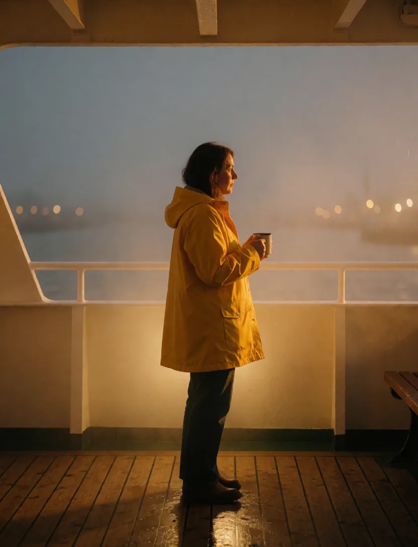 a woman in a yellow raincoat on a ferry deck