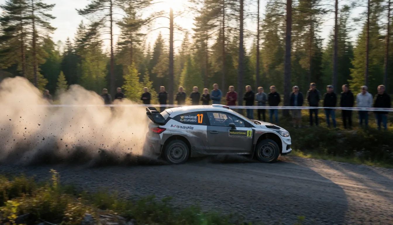 A rally car drifting on a forest road