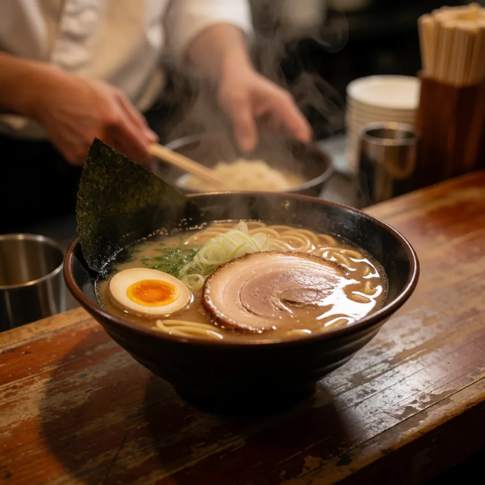 A steaming bowl of ramen at a small ramen bar