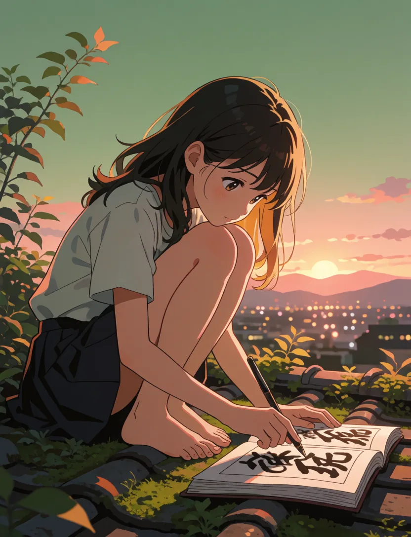 a girl reading on a rooftop garden at sunset