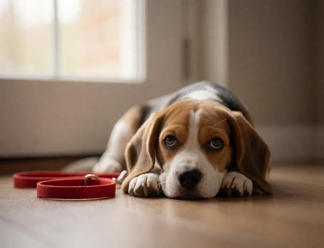 A sad beagle puppy lying by the front door